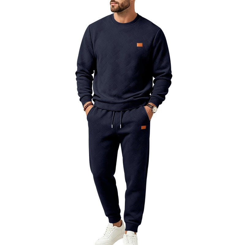 Men's Casual Textured Fleece Sweatsuit with Crewneck, Drawstring Waist and Pockets