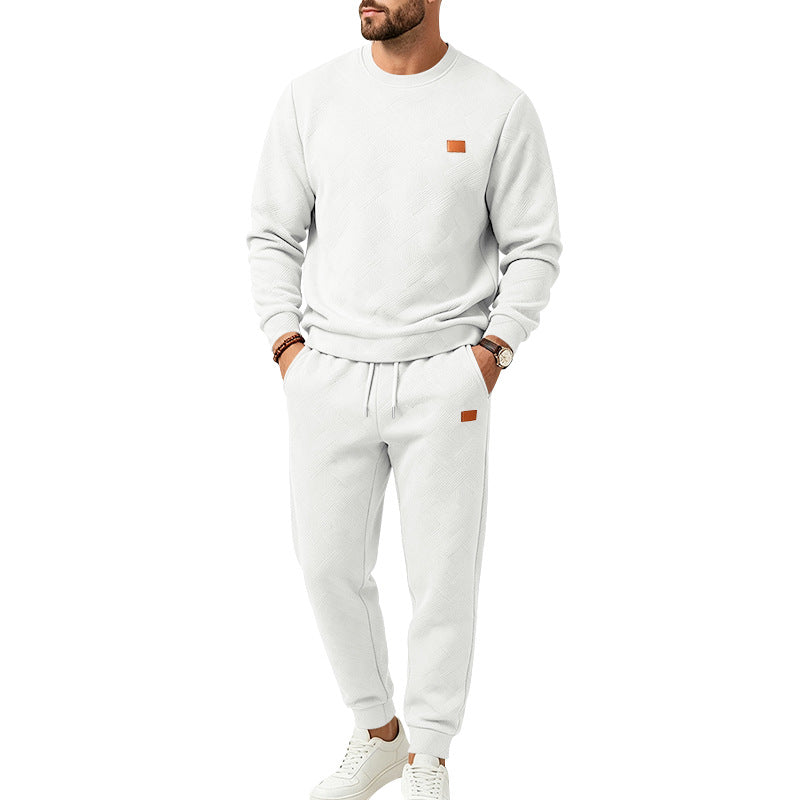 Men's Casual Textured Fleece Sweatsuit with Crewneck, Drawstring Waist and Pockets