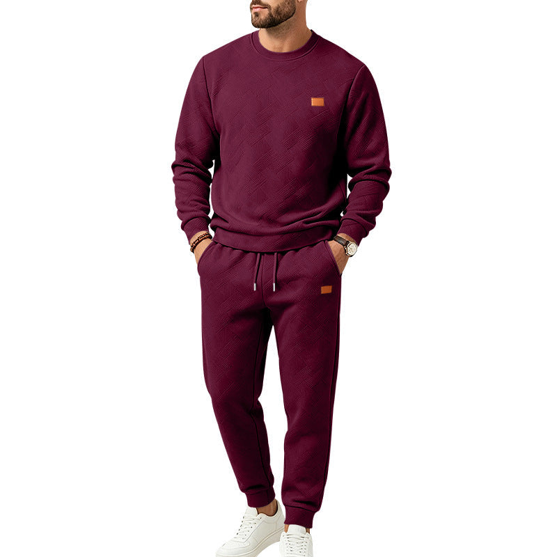 Men's Casual Textured Fleece Sweatsuit with Crewneck, Drawstring Waist and Pockets