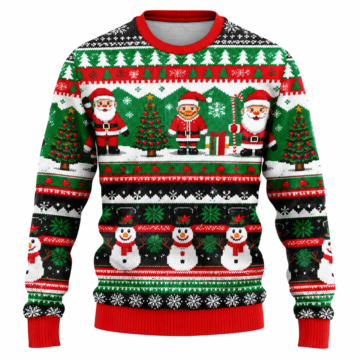 Men's Christmas Sweater | Santa, Snowman & Snow-Covered Trees Print | Crew Neck, Straight Fit & Ribbed Cuffs