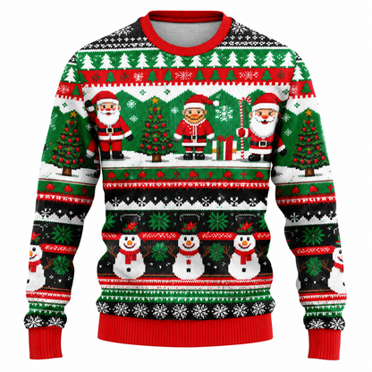 Men's Christmas Sweater | Santa, Snowman & Snow-Covered Trees Print | Crew Neck, Straight Fit & Ribbed Cuffs