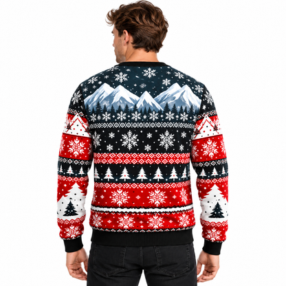Men's Christmas Sweater | Santa, Snowman & Snow-Covered Trees Print | Crew Neck, Straight Fit & Ribbed Cuffs