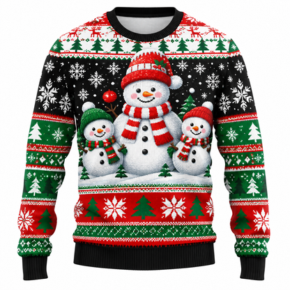 Men's Christmas Sweater | Santa, Snowman & Snow-Covered Trees Print | Crew Neck, Straight Fit & Ribbed Cuffs