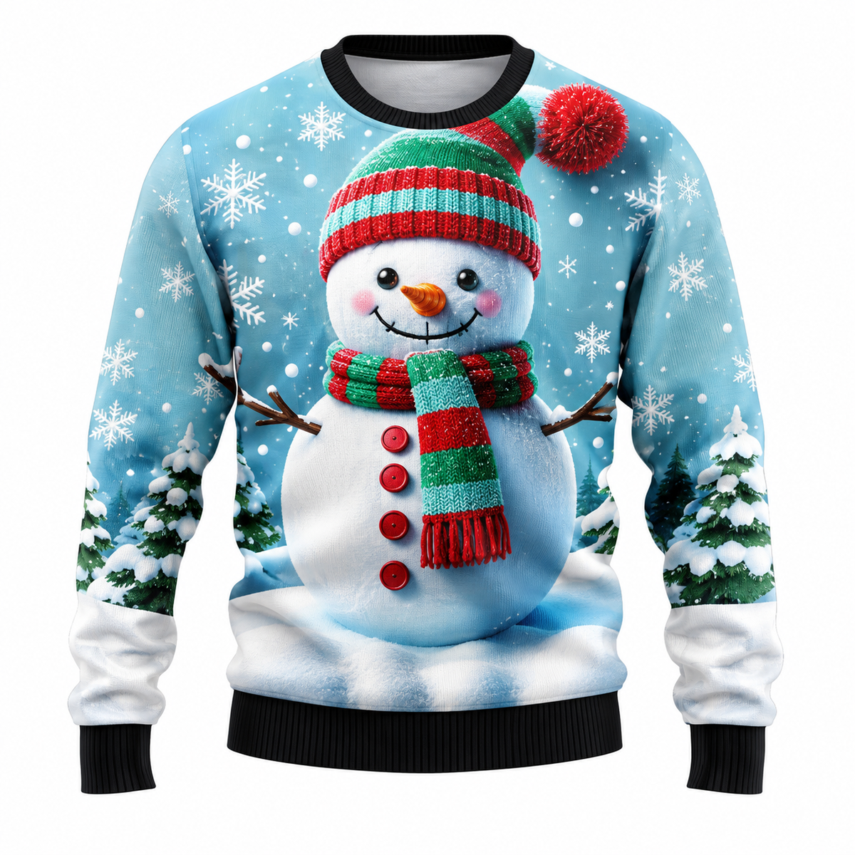 Men's Christmas Sweater | Santa, Snowman & Snow-Covered Trees Print | Crew Neck, Straight Fit & Ribbed Cuffs