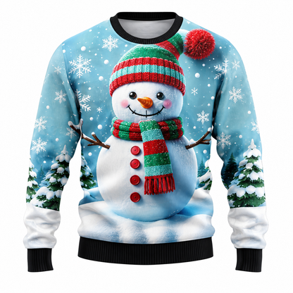 Men's Christmas Sweater | Santa, Snowman & Snow-Covered Trees Print | Crew Neck, Straight Fit & Ribbed Cuffs