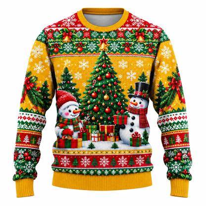 Men's Christmas Sweater | Santa, Snowman & Snow-Covered Trees Print | Crew Neck, Straight Fit & Ribbed Cuffs