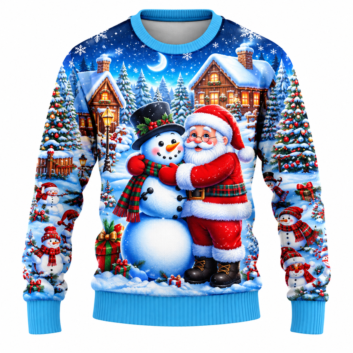 Men's Christmas Sweater | Santa, Snowman & Snow-Covered Trees Print | Crew Neck, Straight Fit & Ribbed Cuffs