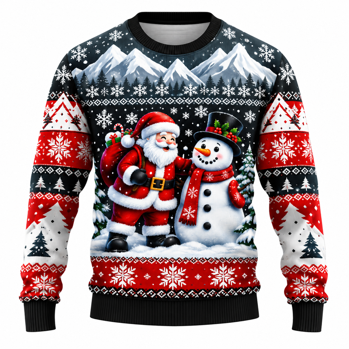 Men's Christmas Sweater | Santa, Snowman & Snow-Covered Trees Print | Crew Neck, Straight Fit & Ribbed Cuffs