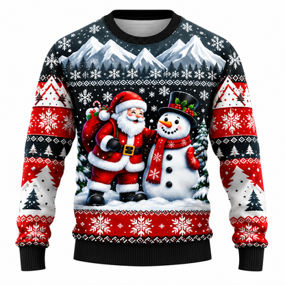 Men's Christmas Sweater | Santa, Snowman & Snow-Covered Trees Print | Crew Neck, Straight Fit & Ribbed Cuffs