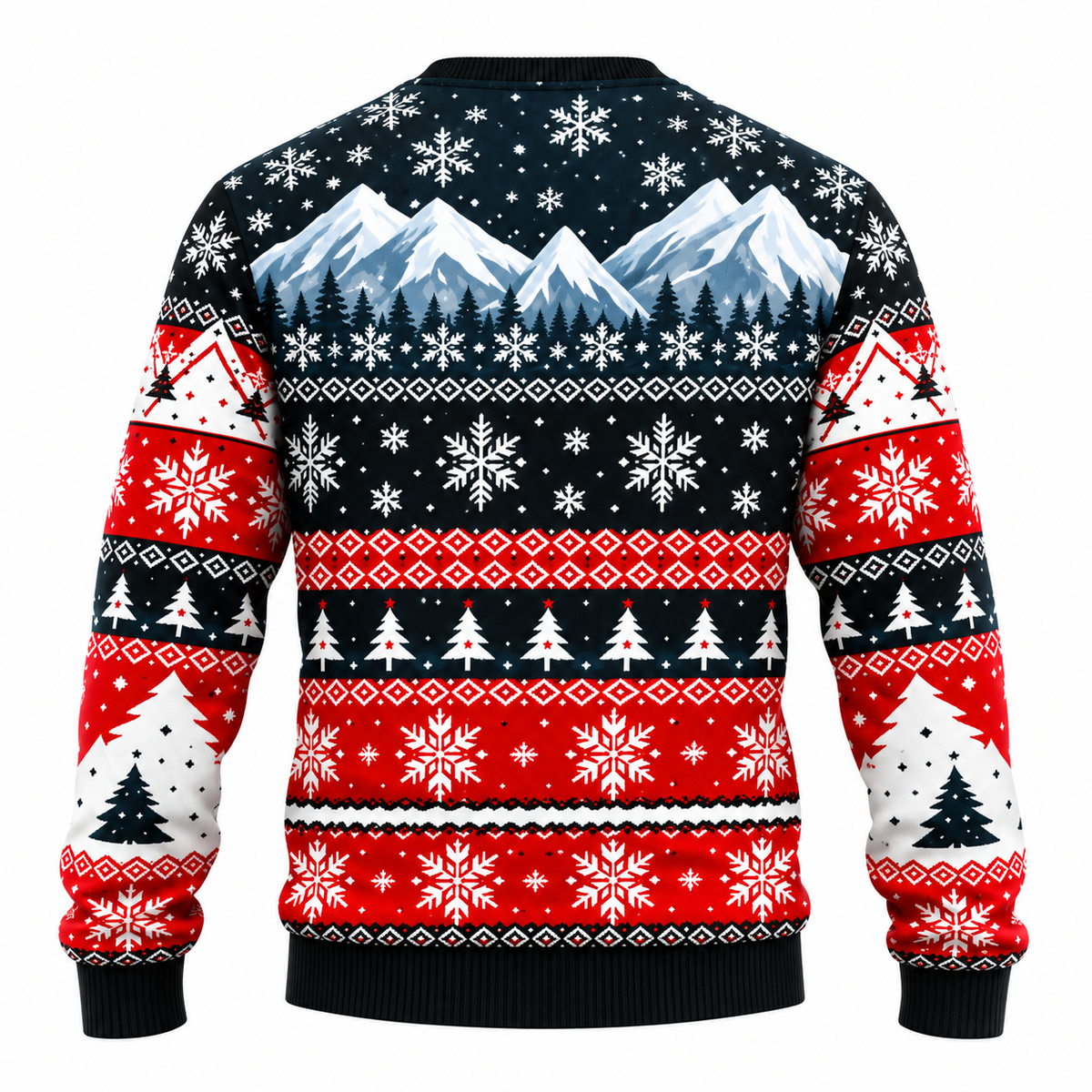 Men's Christmas Sweater | Santa, Snowman & Snow-Covered Trees Print | Crew Neck, Straight Fit & Ribbed Cuffs