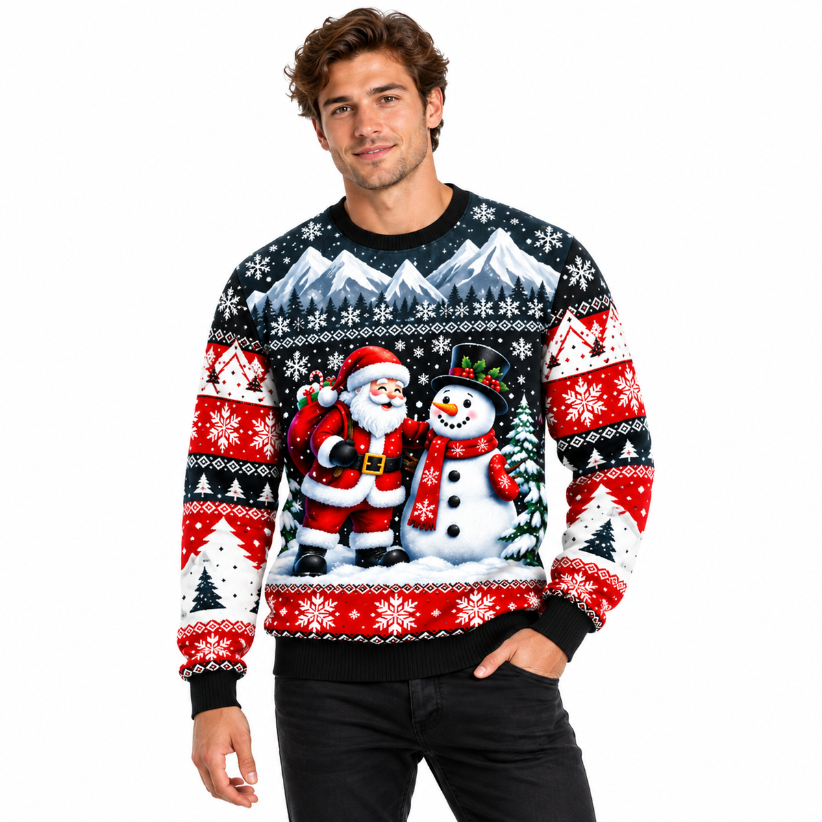 Men's Christmas Sweater | Santa, Snowman & Snow-Covered Trees Print | Crew Neck, Straight Fit & Ribbed Cuffs