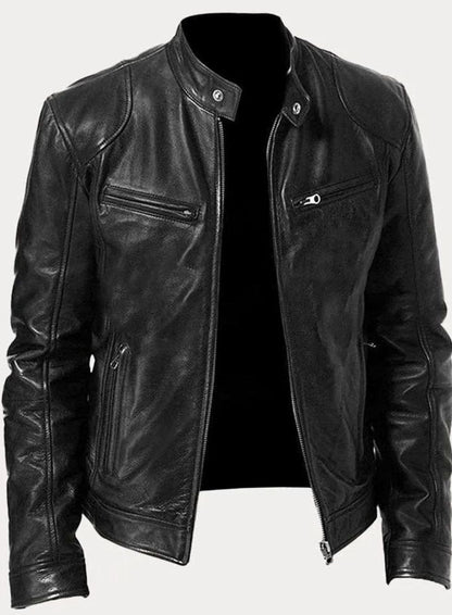 Men's Classic Moto-Inspired Zip-Up Faux Leather Jacket
