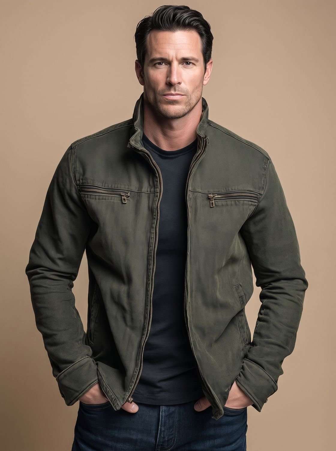 Men's Cotton Stand-Collar Multi-Pocket Zip-Up Jacket