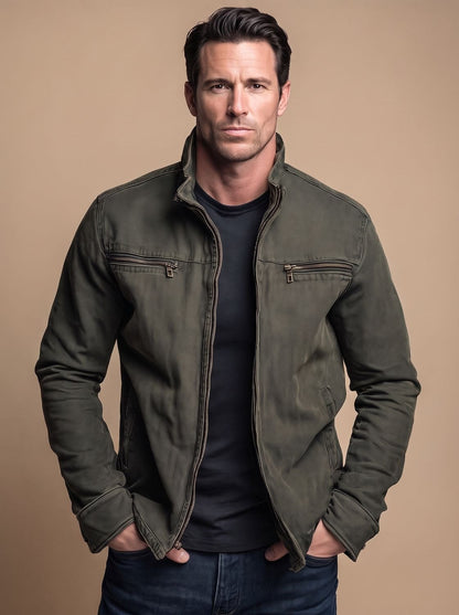 Men's Cotton Stand-Collar Multi-Pocket Zip-Up Jacket