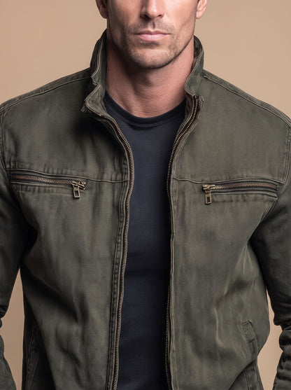 Men's Cotton Stand-Collar Multi-Pocket Zip-Up Jacket