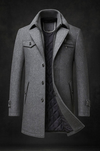 Men's Double-Collar Quilted-Lined Wool Overcoat