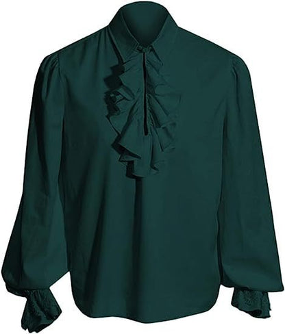 Men's Elegant Baroque Ruffle Shirt with Stand-Up Collar, Frilled Chest, and Lace Cuffs