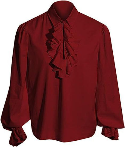 Men's Elegant Baroque Ruffle Shirt with Stand-Up Collar, Frilled Chest, and Lace Cuffs