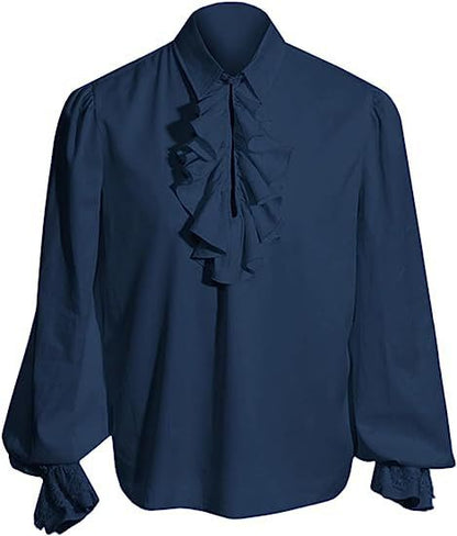 Men's Elegant Baroque Ruffle Shirt with Stand-Up Collar, Frilled Chest, and Lace Cuffs