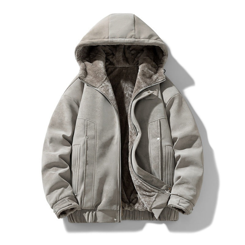 Men's Faux Suede Hooded Jacket with Teddy Fleece Lining