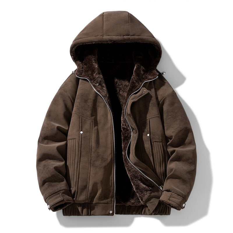 Men's Faux Suede Hooded Jacket with Teddy Fleece Lining