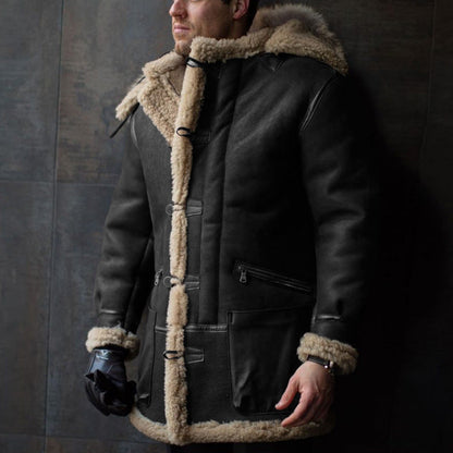 Men's Hooded Sheepskin Coat with Pockets