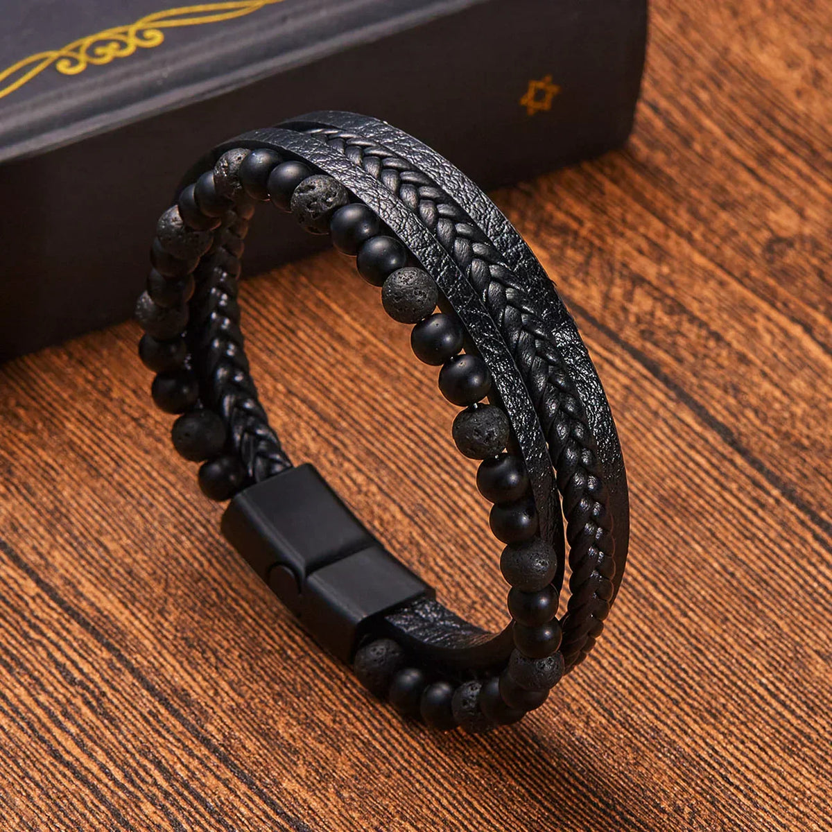 Men's Leather Bracelet with Natural Stone Obsidian and Magnetic Clasp