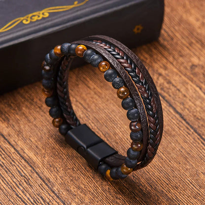 Men's Leather Bracelet with Natural Stone Obsidian and Magnetic Clasp