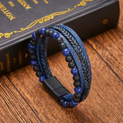 Men's Leather Bracelet with Natural Stone Obsidian and Magnetic Clasp