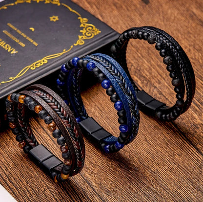 Men's Leather Bracelet with Natural Stone Obsidian and Magnetic Clasp