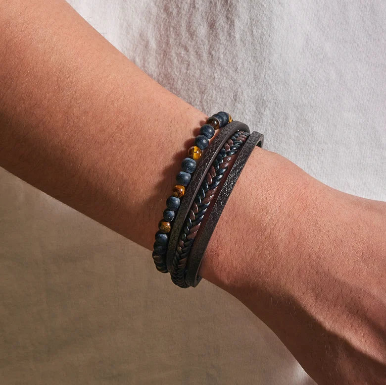 Men's Leather Bracelet with Natural Stone Obsidian and Magnetic Clasp