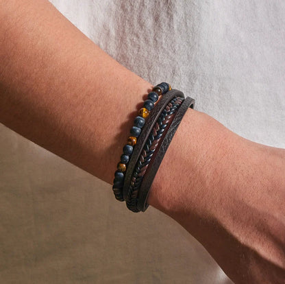 Men's Leather Bracelet with Natural Stone Obsidian and Magnetic Clasp