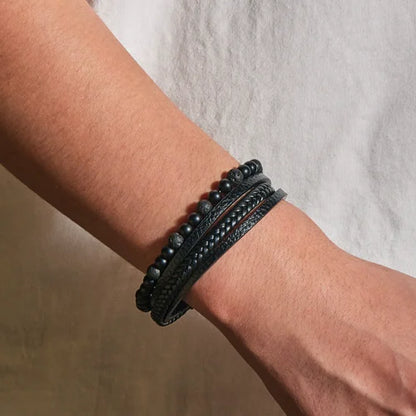 Men's Leather Bracelet with Natural Stone Obsidian and Magnetic Clasp