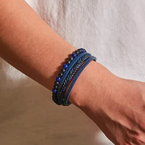 Men's Leather Bracelet with Natural Stone Obsidian and Magnetic Clasp