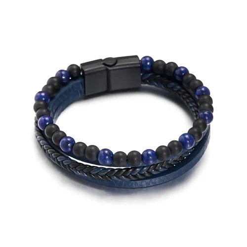 Men's Leather Bracelet with Natural Stone Obsidian and Magnetic Clasp