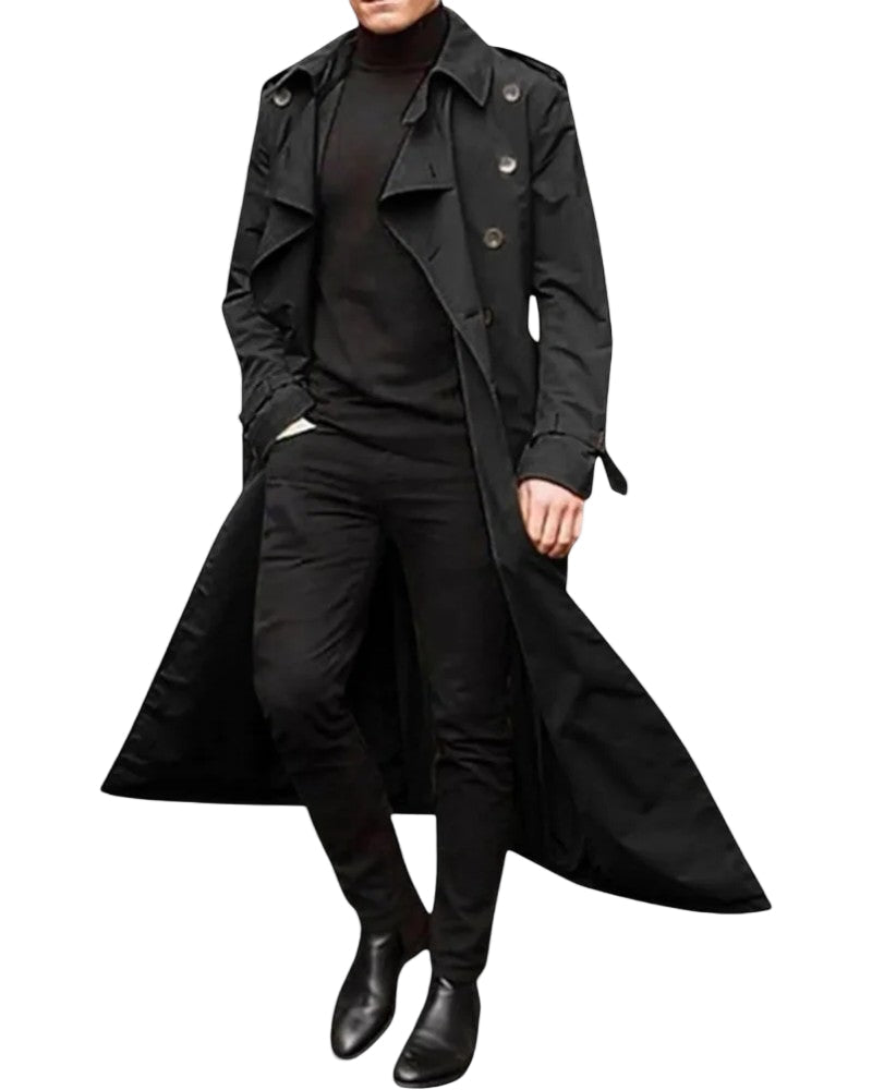 Men's Long Double-Breasted Trench Coat Modern Style