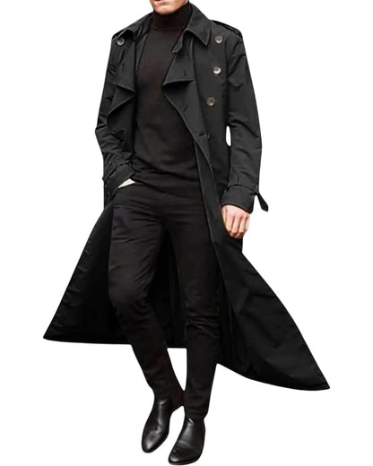 Men's Long Double-Breasted Trench Coat Modern Style