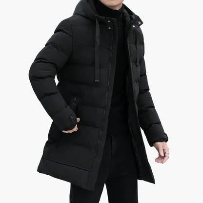 Men's Long Hooded Padded Jacket with Zip