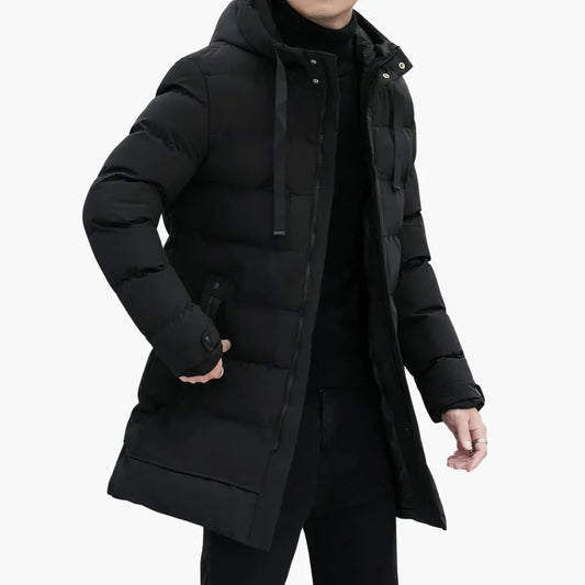 Men's Long Hooded Padded Jacket with Zip