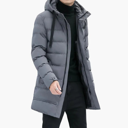 Men's Long Hooded Padded Jacket with Zip