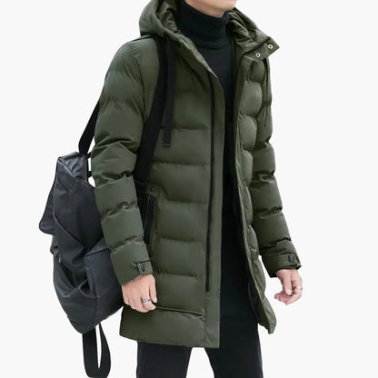 Men's Long Hooded Padded Jacket with Zip