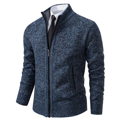Men's Merino Wool Zip-Up Cardigan with Stand-Up Collar