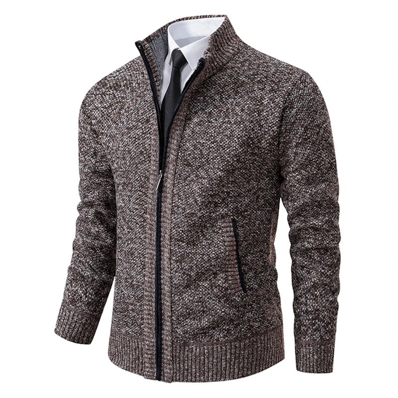 Men's Merino Wool Zip-Up Cardigan with Stand-Up Collar