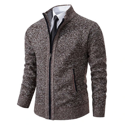 Men's Merino Wool Zip-Up Cardigan with Stand-Up Collar