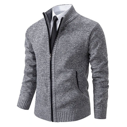 Men's Merino Wool Zip-Up Cardigan with Stand-Up Collar