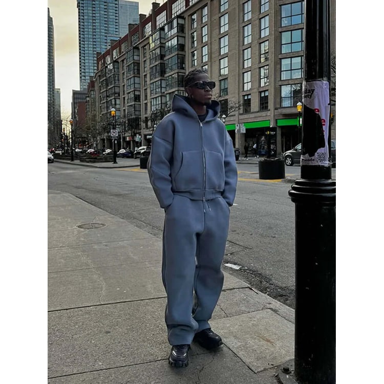Men's Oversized Sweatsuit Set with Zip Hoodie and Wide-Leg Sweatpants