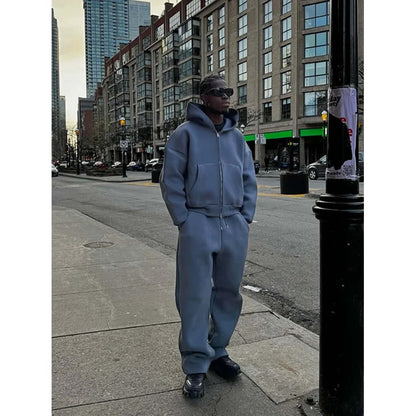 Men's Oversized Sweatsuit Set with Zip Hoodie and Wide-Leg Sweatpants