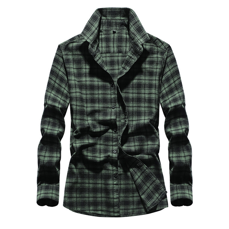 Men's Plaid Flannel Shirt with Kent Collar and Full Button Placket