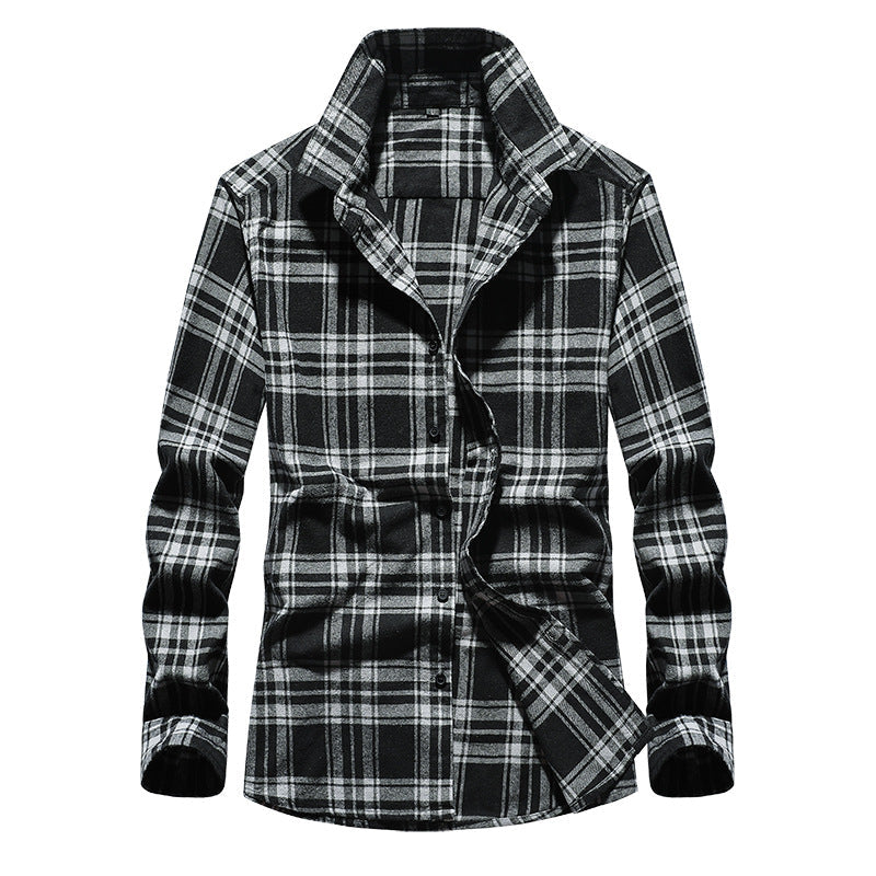 Men's Plaid Flannel Shirt with Kent Collar and Full Button Placket