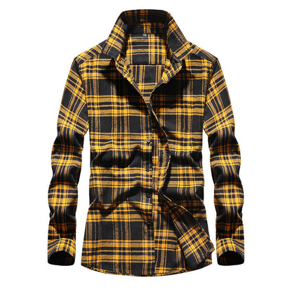Men's Plaid Flannel Shirt with Kent Collar and Full Button Placket